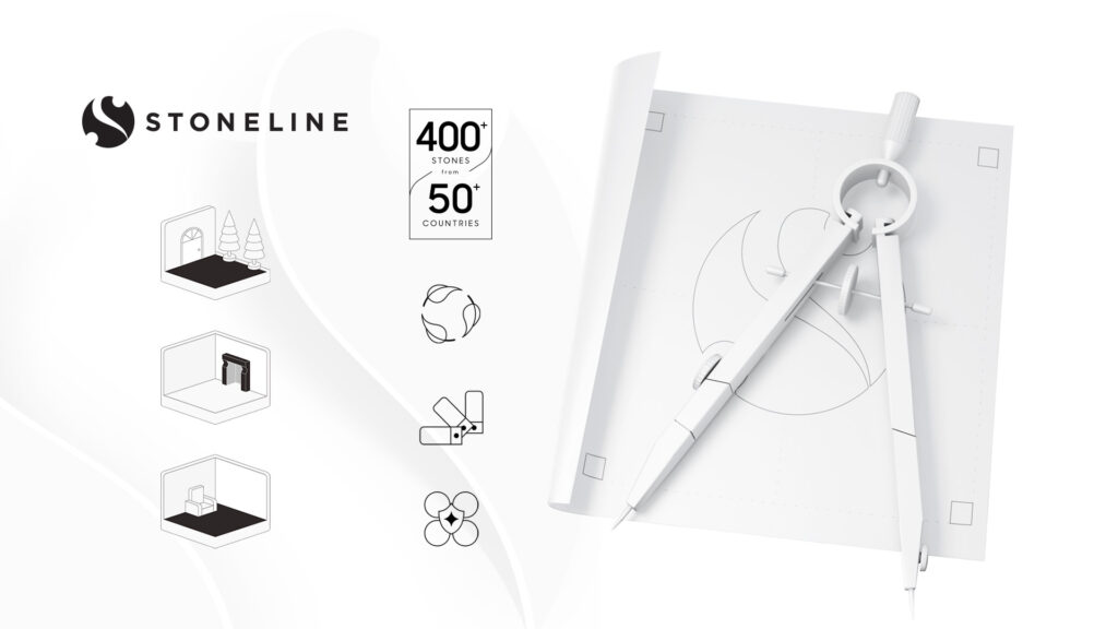 Stoneline logo, compass, 400+ stones, 50+ countries.
